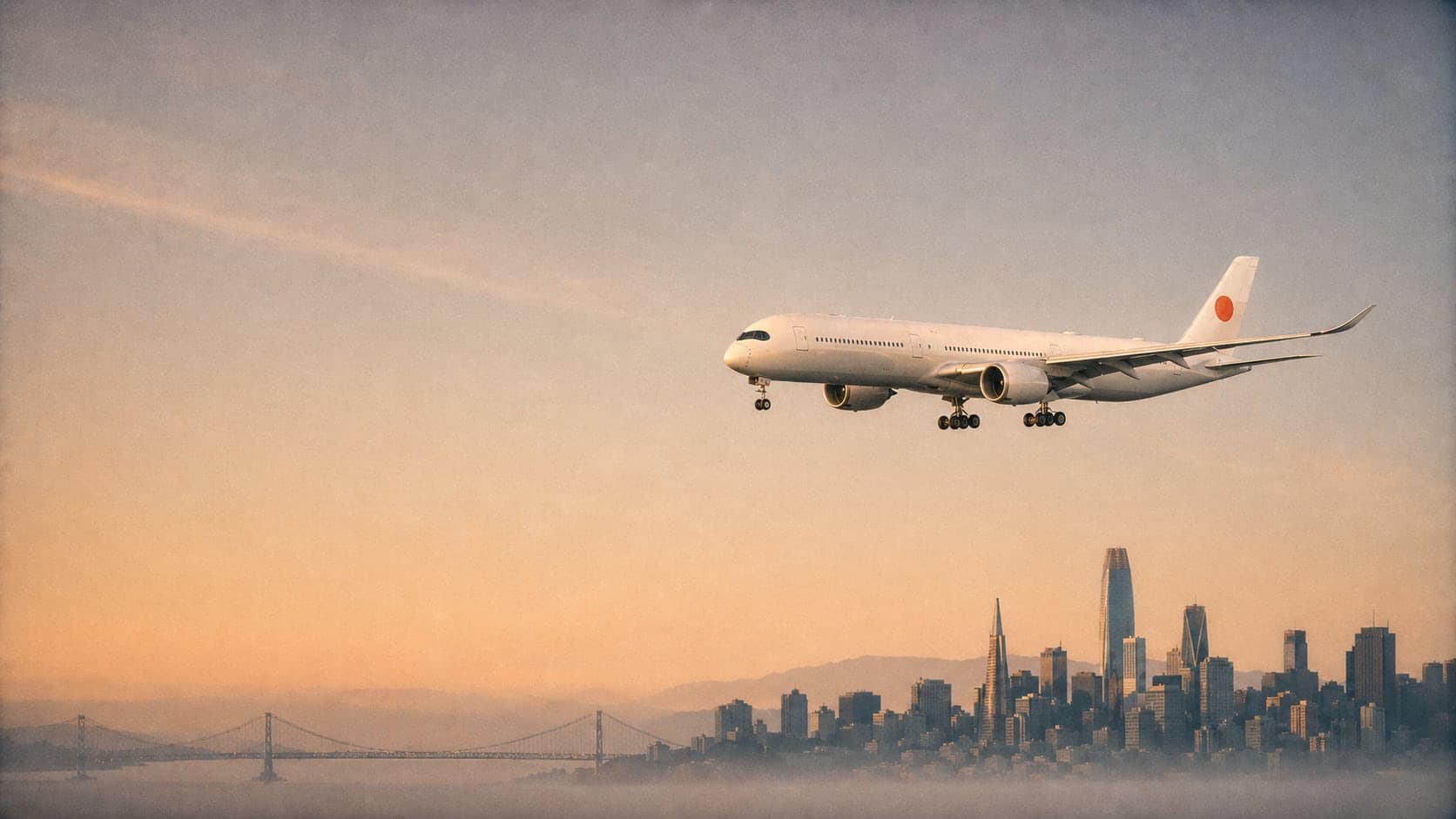A FlyLo Airbus A350-1000 descending toward San Francisco at golden hour, with the Bay Bridge and city skyline below a peach-to-dove sky